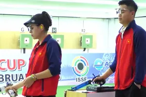 Thu Vinh và Quang Huy đứng hạng 5 nội dung đồng đội tại ISSF World Cup 2025 ở Trung Quốc. Ảnh: ISSF