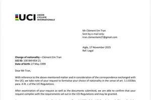 Văn bản chính thức của UCI gởi tới Việt Nam về trường hợp cua-rơ Clément Em Trần. Ảnh: UCI