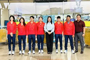 Nguyễn Thị Thật và đồng đội sang Thái Lan sẵn sàng làm quen lộ trình thi đấu trước tranh tài SEA Games 33-2025. Ảnh: VCF