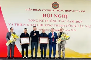 Lãnh đạo Cục TDTT Việt Nam đã trao bằng khen của Bộ VH-TT-DL đối với Liên đoàn võ thuật tổng hợp Việt Nam và cá nhân Chủ tịch Ngô Đức Quỳnh. Ảnh: MINH CHIẾN