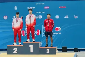Lực sĩ K'Dương (áo đỏ) là niềm hy vọng thành tích tại ASIAD 20 của đội tuyển cử tạ Việt Nam. Ảnh: MINH MINH