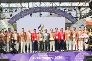 Đoàn thể thao Việt Nam tham dự Lễ thượng cờ của Ban tổ chức ASIAD 20. Ảnh: ĐOÀN TTVN
