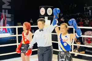Huỳnh Hà Hữu Hiếu (đai xanh) là nhà vô địch thế giới nên rất tự tin tham dự Đại hội thể thao toàn quốc lần thứ X-2026. Ảnh: IFMA