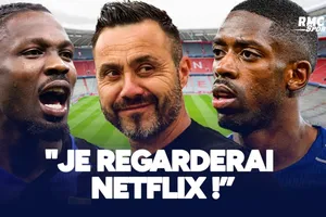 "Tôi sẽ xem Netflix!" - HLV De Zerbi lựa chọn điều đó thay vì chung kết Champions League, nơi hai tuyển thủ Pháp là Marcus Thuram (Inter) và Ousmane Dembele (PSG) đối đầu nhau. Ảnh: RMC Sport