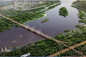 Perspective rendering of the Thuong Cat Bridge crossing the Red River 