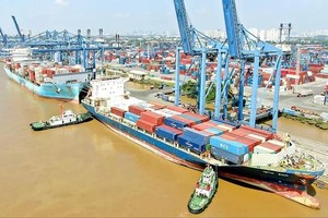 A massive container ship gets tugged into Cat Lai Port in Cat Lai Ward of HCMC (Photo: SGGP/Hoang Hung)