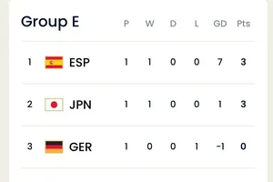 Xếp hạng bảng E sau lượt trận đầu tiên