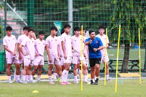 Chuyên gia Brandi Regato Neto hướng dẫn các cầu thủ trong bài tập thể lực.