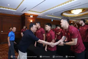Chủ tịch VFF Trần Quốc Tuấn bắt tay chào mừng các tuyển thủ. 