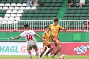 HA,.GL (áo vàng) để thua TC Viettel 2-5 ở trận ra quân.