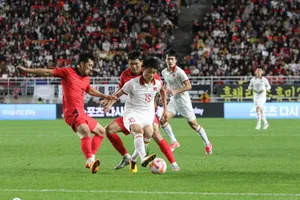 Đình Bắc và các đồng đội sẽ so tài cùng Hàn Quốc ở vòng bảng Asian Cup 2027. Ảnh: VFF