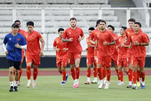 Đội tuyển Việt Nam tiến hành buổi tập trên sân Gelora Bung Karno (Jakarta, Indonesia) vào chiều 1-10. Đây cũng là buổi tập duy nhất trên sân này trước trận đấu với Pakistan. Ảnh: ANH KHOA