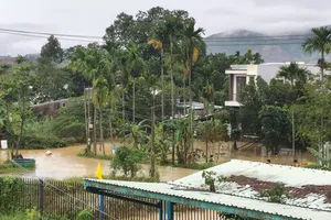 Mặt đường ở thôn Tây An (phường Hòa Xuân) gần như biến mất giữa làn nước mênh mông. Ảnh: XUÂN QUỲNH