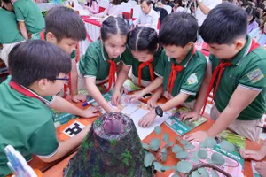 Trong tiết Khoa học, các em học sinh trường Tiểu học Lê Đình Chinh (phường Hòa Cường, TP Đà Nẵng) cùng quan sát mô hình núi lửa và sắp xếp các thẻ hình minh họa theo yêu cầu bài học