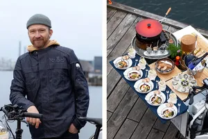 Đầu bếp xe đạp với các món ăn của ông. Ảnh: KAY BOLESEN 