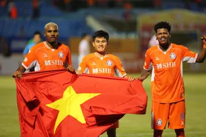 Các cầu thủ Đà Nẵng ăn mừng bàn thắng với lá cờ Việt Nam. ẢNH: XUÂN HIẾU 