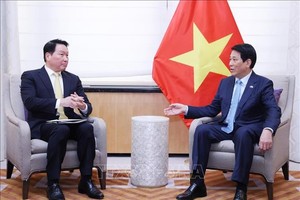 越南国家主席梁强（右）会见韩国SK集团会长崔泰源。