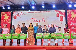 胡志明市越南祖国阵线委员会常务副主席张氏碧幸向贫困家庭赠送节日礼物。