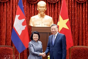 党中央总书记、国家主席苏林会见柬埔寨国会主席昆索达莉。图自越通社
