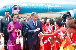 越南驻泰国大使馆、总领事馆工作人员及旅泰越南侨胞在乌隆国际机场迎接党中央总书记、国家主席苏林和夫人。图自越通社