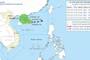 图片：截至8月19日凌晨，热带低气压的位置及预计移动路径。制图：国家水文气象预报中心