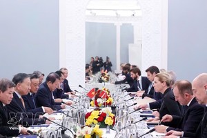 党中央总书记、国家主席苏林在哥本哈根与丹麦首相梅特·弗雷泽里克森举行会谈 图自越通社