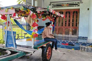  Chiếc xe bò chở khách được trang trí đẹp mắt của người dân  vùng biển Cam Bình bị “thất nghiệp” sau lệnh cấm