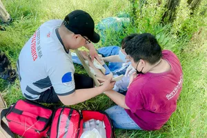 Một thành viên hỗ trợ người dân bị tai nạn giao thông