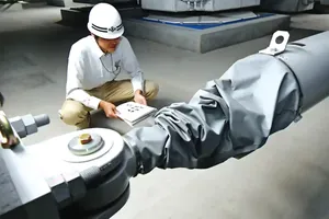 Giám sát viên kiểm tra thiết bị giảm chấn trong công trình xây dựng ở Nhật. Ảnh: Nikkei Asia