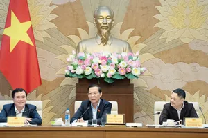 Chủ nhiệm Ủy ban Kinh tế và Tài chính Phan Văn Mãi (giữa), Phó Chủ nhiệm Ủy ban Kinh tế và Tài chính Nguyễn Ngọc Bảo (phải), Thứ trưởng Bộ Công thương Nguyễn Sinh Nhật Tân đồng chủ trì hội nghị