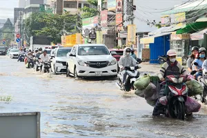 Nước tràn lên tuyến đường Hoàng Hạc trong khu công nghiệp Bình Minh, phường Cái Vồn, tỉnh Vĩnh Long. Ảnh: TÍN HUY