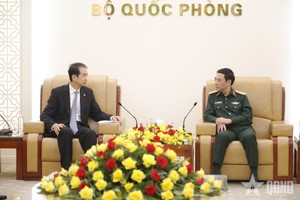 潘文江大将与何炜大使在会见中交换意见。图片来源：qdnd.vn