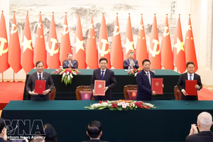 越南党中央总书记、国家主席苏林与中共中央总书记、国家主席习近平共同见证两国系列合作文件的签署。图自越通社