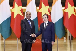 越南国会主席陈青敏与科特迪瓦共和国国民议会议长帕特里克•阿希。图自越通社
