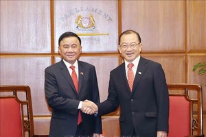 党中央政治局委员、中央书记处常务书记陈锦秀与新加坡国会议长谢建平合影。图自越通社