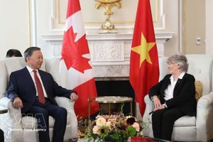 越南党中央总书记、国家主席苏林会见加拿大总督路易丝•阿伯。图自越通社