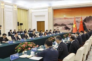 越南国会主席陈青敏与中国全国政协主席王沪宁。图自越通社