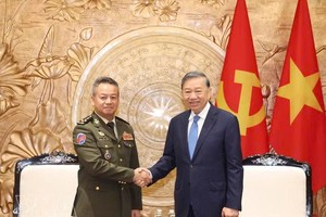 越南党中央总书记、国家主席苏林与柬埔寨副首相兼国防大臣迪西哈。图自越通社