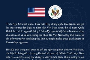 美国驻河内大使馆发布美国总统特朗普值越南国庆之际致贺越南的贺词。