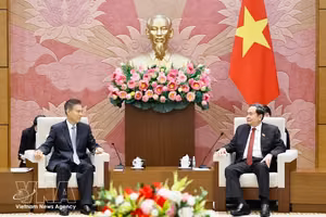 越南国会主席陈青敏会见中国全国人大财政经济委员会主任委员钟山 图自越通社