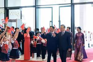 越南党中央总书记、国家主席苏林与夫人吴芳璃主持仪式，欢迎泰国国王哇集拉隆功与王后素提达 图片来源：越通社