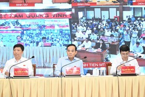 胡志明市市委书记陈留光和国会代表们与接触选民。图：越勇