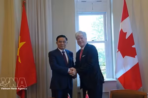 越南工商部部长黎孟雄与加拿大能源与自然资源部部长蒂姆·霍奇森举行会谈。图自越通社