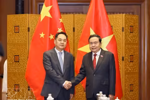 越南国会主席陈青敏（右）与中国人民对外友好协会会长杨万明。图自越通社