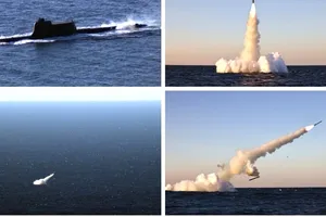 KCNA công bố ảnh vụ thử nghiệm tên lửa hành trình chiến lược phóng từ tàu ngầm của Triều Tiên ngày 14-10-2026. Ảnh: KCNA