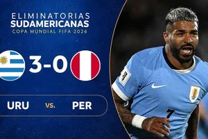 Uruguay vs Peru 3-0: Rodrigo Aguirre đánh đầu đẹp mắt, De Arrascaeta nhân đôi tỷ số, Federico Vinas chốt hạ 3 điểm, Uruguay tạm xếp 3 khu vực Nam Mỹ vòng loại World Cup 2026