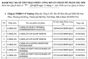 Sản phẩm mỹ phẩm có số tiếp nhận phiếu công bố bị thu hồi. Ảnh chụp màn hình