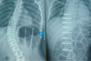 Phim X-quang cột sống của bệnh nhi trước và sau phẫu thuật. Ảnh: AN NGỌC