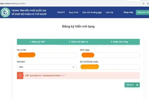 Người dân gặp lỗi khi đăng ký hiến mô tạng tạng trực tuyến chiều 30-10. Ảnh chụp màn hình