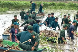 Bộ đội Biên phòng tỉnh An Giang giúp dân thu hoạch hoa màu, đắp đê chống ngập